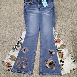 LEI Blue Floral Embroidered Flare Jeans
